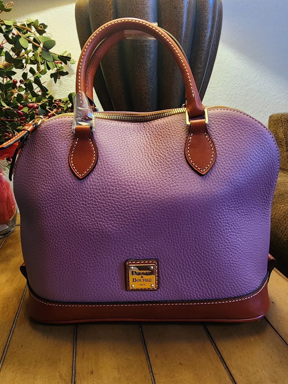 Dooney & Bourke Purple Leather Satchel with Brown Trim and Gold Hardware